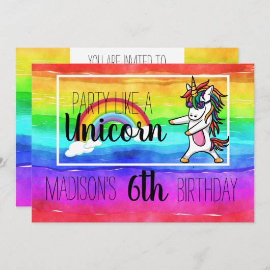 Party wie ein Einhorn farbenfrohe Einladung zum Ge (Vorne/Hinten)
