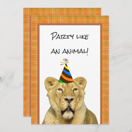 Party wie eine tierische Lion mit Hut zum Geburtst Einladung (Vorne/Hinten)