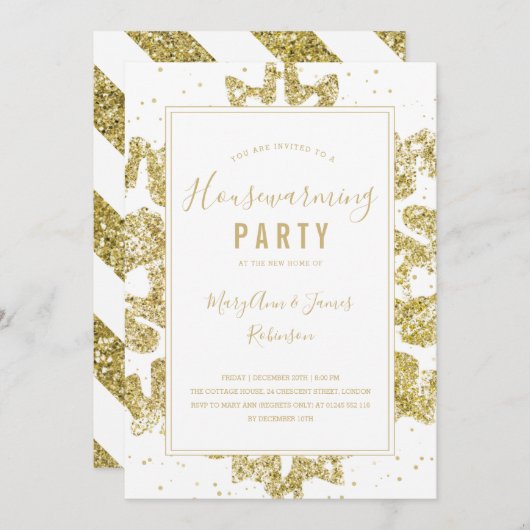 Party | Winter Glitzer Gold & White Einladung (Vorne/Hinten)