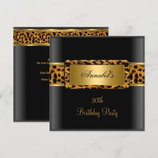 Party Zebra Gold Black Leopard 2 Einladung (Vorne/Hinten)