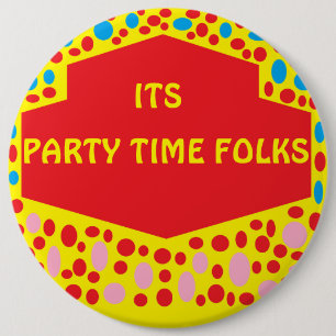 Party-Zeitlogo mit roten und gelben blauen Flecken Button