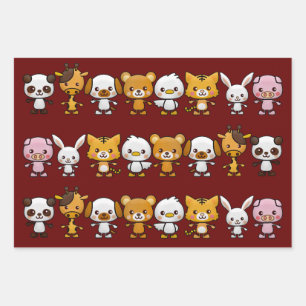 Party, Zickzack und Schlichte Rote Tiere Geschenkpapier Set