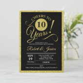 Party zum 10. Jubiläum - Goldene Schwarze Einladun Einladung (Stehend Vorderseite)