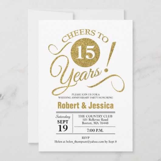 Party zum 15. Geburtstag der Hochzeit - Gold White Einladung (Vorderseite)