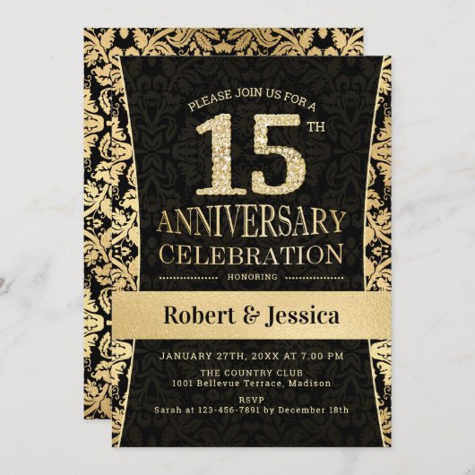 Party zum 15. Jubiläum - Gold Black Einladung (Vorne/Hinten)