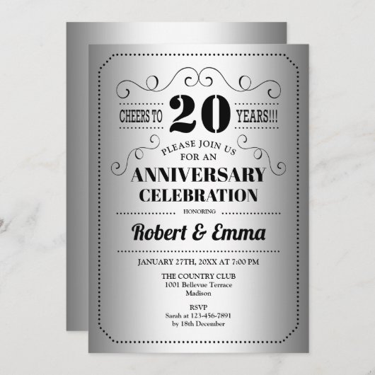 Party zum 20. Hochzeitstag - Silberschwarz Einladung (Vorne/Hinten)