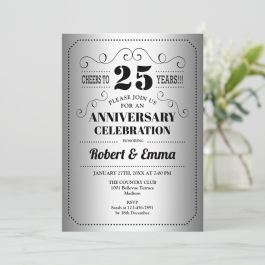 Party zum 25. Hochzeitstag - Silberschwarz Einladung (Stehend Vorderseite)