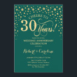 Party zum 30. Jahrestag - Smaragdgrünes Gold Einladung<br><div class="desc">Gold Smaragdgrün 30 Jahre Jubiläum Feier Einladung. Elegantes grünes Design mit Imitaten Glitzer Goldfolie. Enthält Skript-Schriftart und Konfetti-Diamanten. Feiert bis 30 Jahre! Kann angepasst werden,  um jedes Jahr der Ehe zu zeigen. Nachricht,  wenn Sie weitere Anpassungen benötigen.</div>