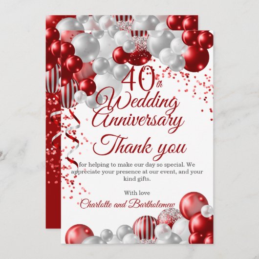 Party zum 40. Hochzeitstag Dankeskarte (Vorne/Hinten)