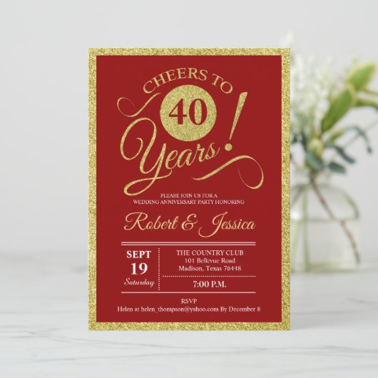 Party zum 40. Jubiläum - Ruby Red Gold Einladung (Stehend Vorderseite)