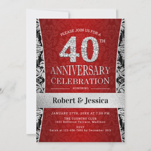 Party zum 40. Jubiläum - Ruby Red Silver Einladung (Vorderseite)
