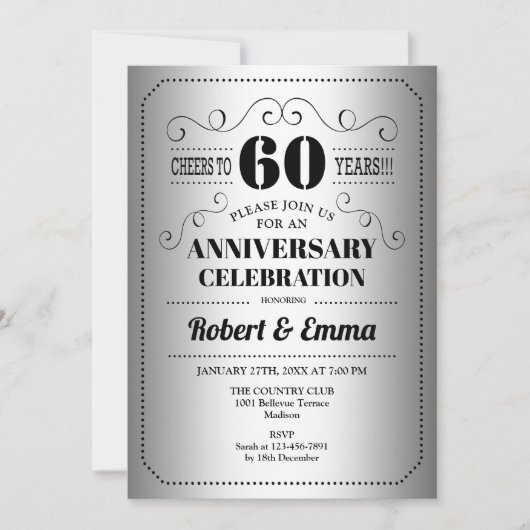Party zum 60. Hochzeitstag - Silberschwarz Einladung (Vorderseite)