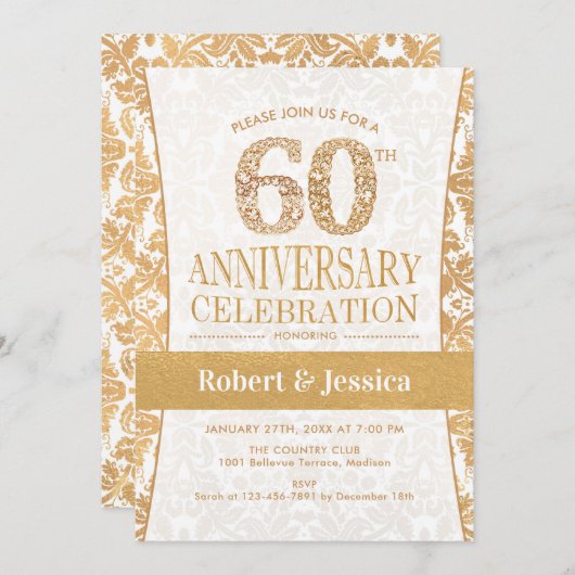 Party zum 60. Jubiläum - Gold White Einladung (Vorne/Hinten)
