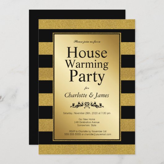 Party zum Aufwärmen der Häuser in Schwarz und Gold Einladung (Vorne/Hinten)