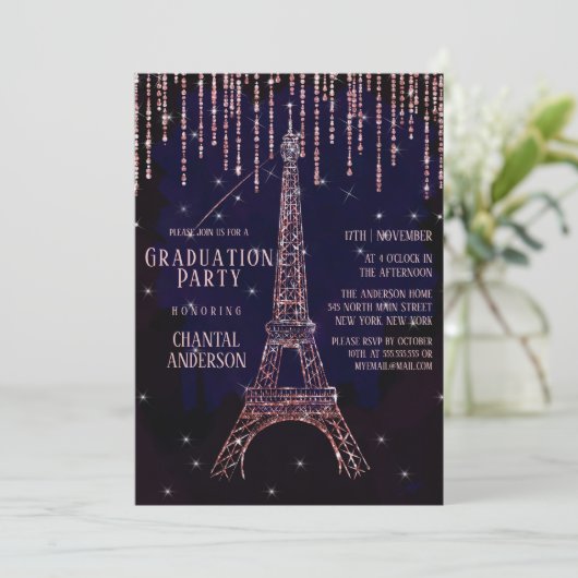 Party zum lila Glitzer Paris Eiffel Tower Einladung (Stehend Vorderseite)