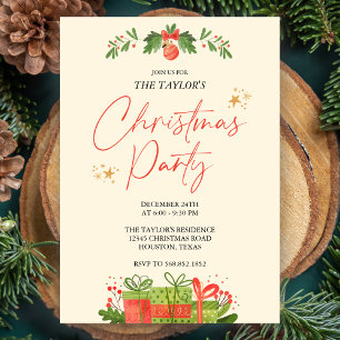 Party zum Weihnachtsessen in Aquarellfarben Rot un Einladung