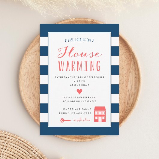 Party zur Aufwärmung von Navy Stripes Coral Einladung