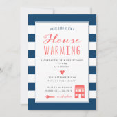 Party zur Aufwärmung von Navy Stripes Coral Einladung (Vorderseite)