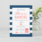 Party zur Aufwärmung von Navy Stripes Coral Einladung (Stehend Vorderseite)