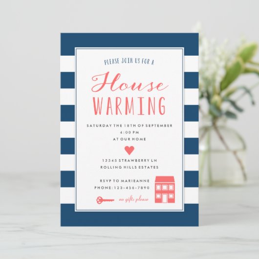Party zur Aufwärmung von Navy Stripes Coral Einladung (Stehend Vorderseite)