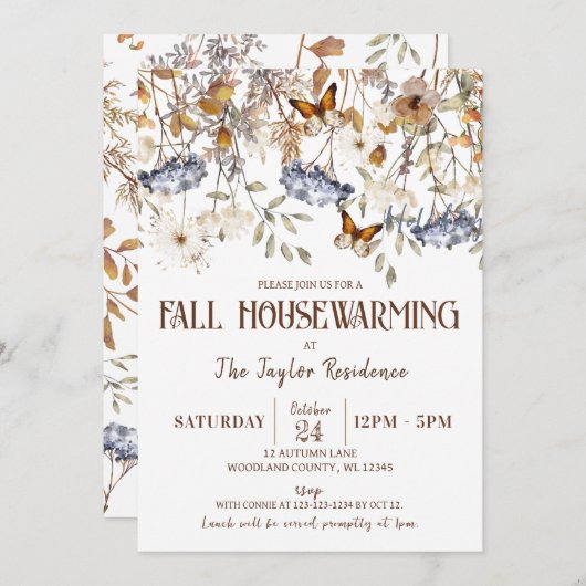 Party zur Herbstwärmung, Schmetterling, Herbstblät Einladung (Vorne/Hinten)