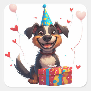 🐕 Partyhund mit Geburtstagshütchen und Geschenk Quadratischer Aufkleber