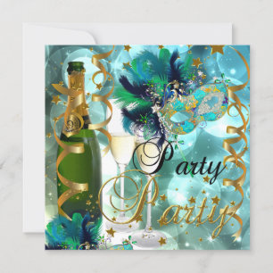 Partymaske Champagner Blau Gold Maskerade Einladung