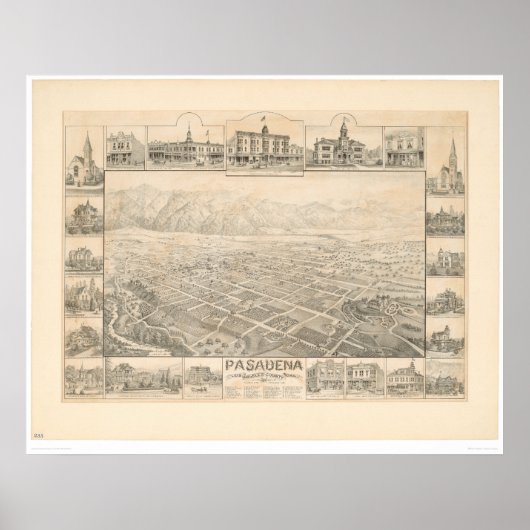 Pasadena, CA. Panoramic Map (1305A) Poster (Vorne)