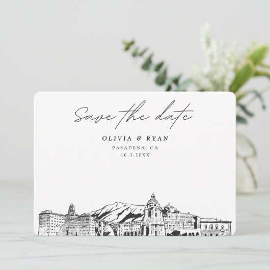 Pasadena Wedding Skyline Save the Date Einladung (Stehend Vorderseite)