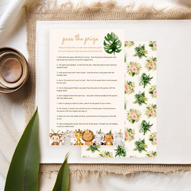 Pass auf das Price Baby Shower Game - Jungle Anima (tropical flowers and jungle animals for a safari baby shower pass the prize game)