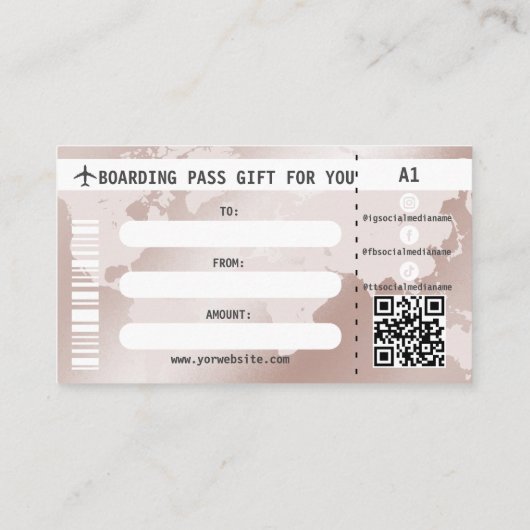 Pass für Geschenkgutscheine World Map Boarding Pas Visitenkarte (Rückseite)