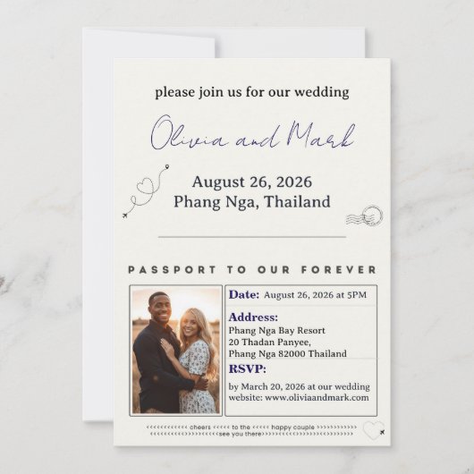 Pass RSVP Card - Navy & Gold | Zielort Einladung (Vorderseite)