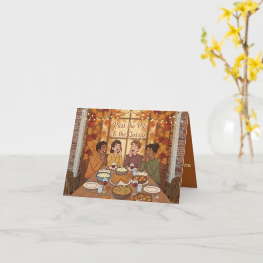 Pass the Pie & the Gossip | Funny Friendsgiving Ca Karte (Gelbe Blume)