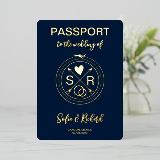 Pass Wedding Destination Gold Foil QR Code Folieneinladung (Stehend vorne)