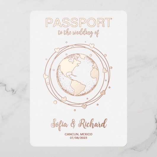Pass Wedding Destination Gold Foil Weltkarte Folieneinladung (Vorderseite)