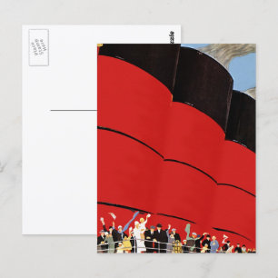 Passagiere eines alten Kreuzfahrtschiffs winken zu Postkarte