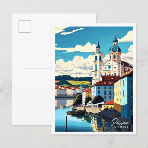 Passau Deutschland vintage Reiseillustration Postkarte