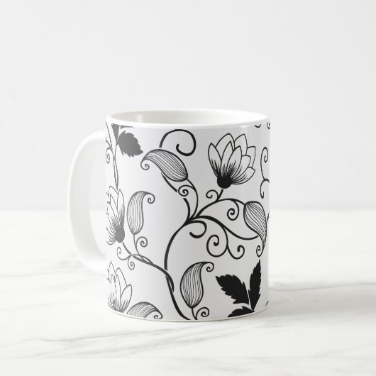 Passen Sie das Muster der schwarzen Flora an Kaffeetasse (Vorderseite Links)