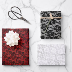 Passende Halloween-Schwarze Rosen Goth-Weißspitze  Geschenkpapier Set