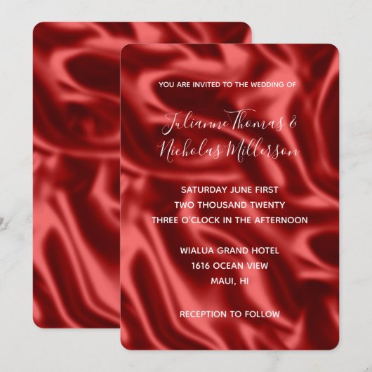 Passion Red Imitats Satin Wedding Einladung (Vorne/Hinten)