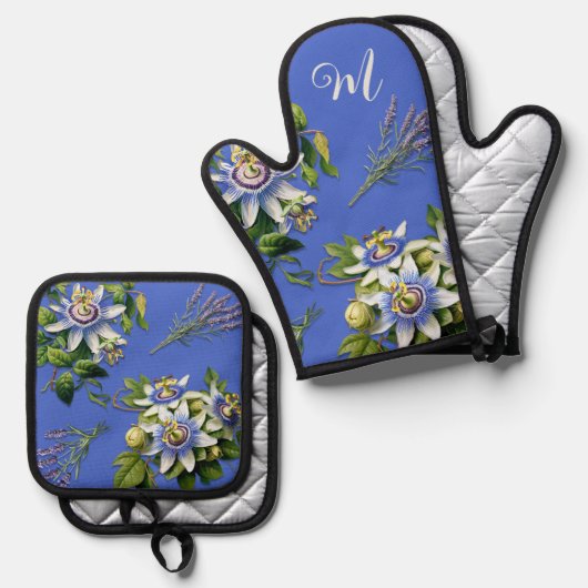 Passionblumen Periwinkle Floral Ofenhandschuh & Topflappen-Set (Vorderseite/Rückseite)