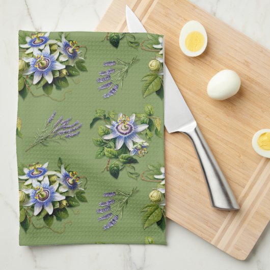 Passionflower Sage Green Floral Kitchen Geschirr H Geschirrtuch (Viertel Falte)