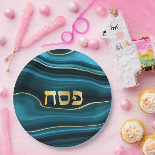Passover Hebrew Aquamarin, Türkis & Gold Imitate A Pappteller (Party)