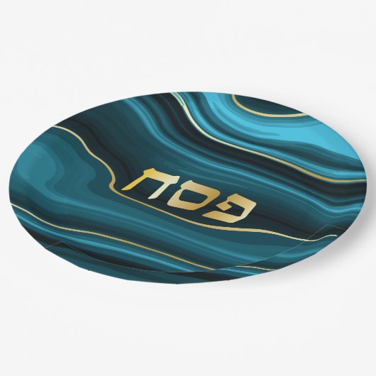 Passover Hebrew Aquamarin, Türkis & Gold Imitate A Pappteller (Schrägansicht)