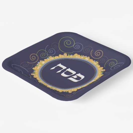Passover Seder Square Jerusalem Navy Swirl Hebräis Pappteller (Gewinkelt)