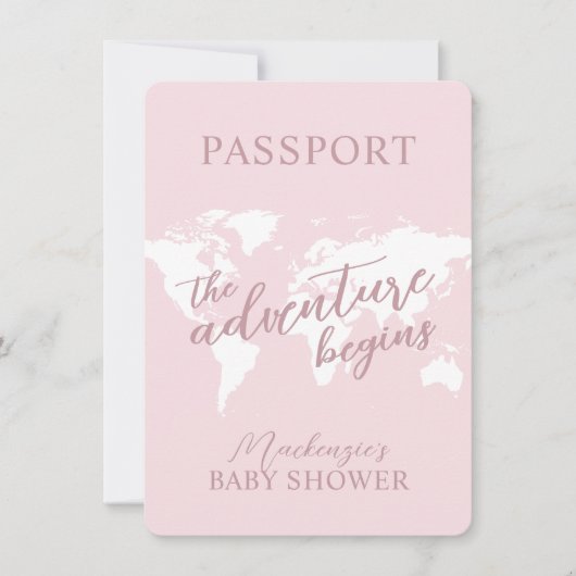 Passport Adventure Travel Theme Pink Baby Dusche Einladung (Vorderseite)