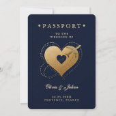 Passport Gold Heart Flugzeug Navy Hochzeit in Urla Einladung (Vorderseite)