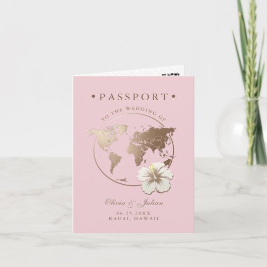 Passport Hibiskus Tropische Hochzeit in Urlaubsort Einladung (Vorderseite)