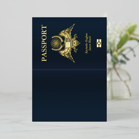 Passport Hochzeit Einladung mit echtes Foil-Emblem (Stehend vorne)