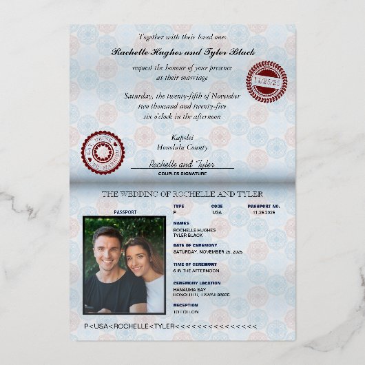 Passport Hochzeit Einladung mit echtes Foil-Emblem (Rückseite)